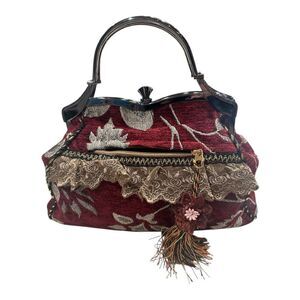 VTG Velvet Tapestry Bag Purse Ornate Rhinestones Ruffles Handbag Flowers Tassel